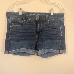 American Eagle Denim Midi Shorts Size 12 Super Stretch Dark Wash